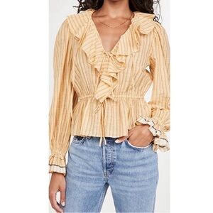 Ulla Johnson Ruffle Peplum Tie Neck Cotton Blouse Yellow Stripe Size 4 (S/M)